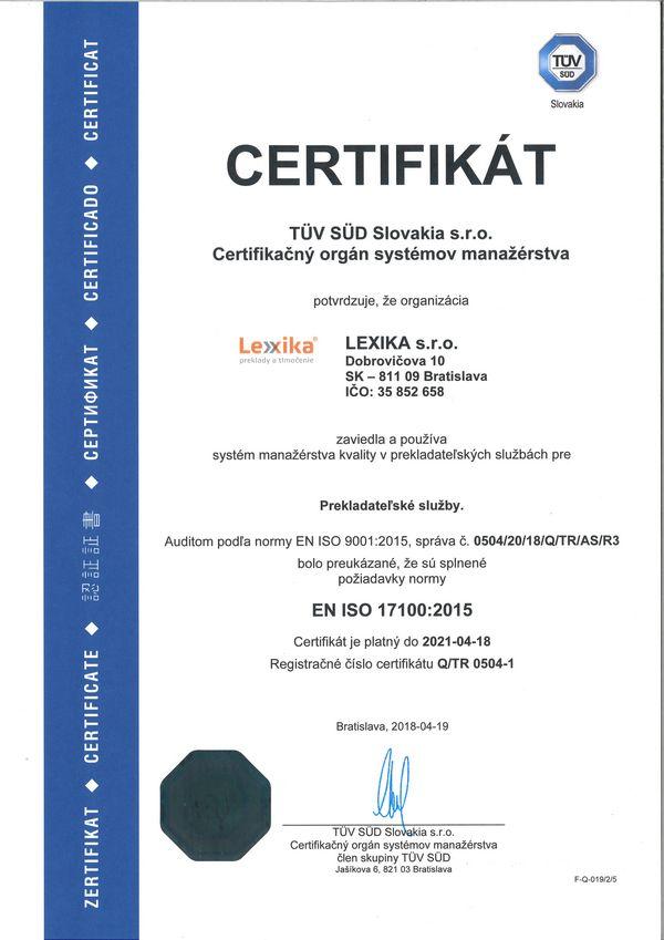 ISO 17100 certifikát Lexika